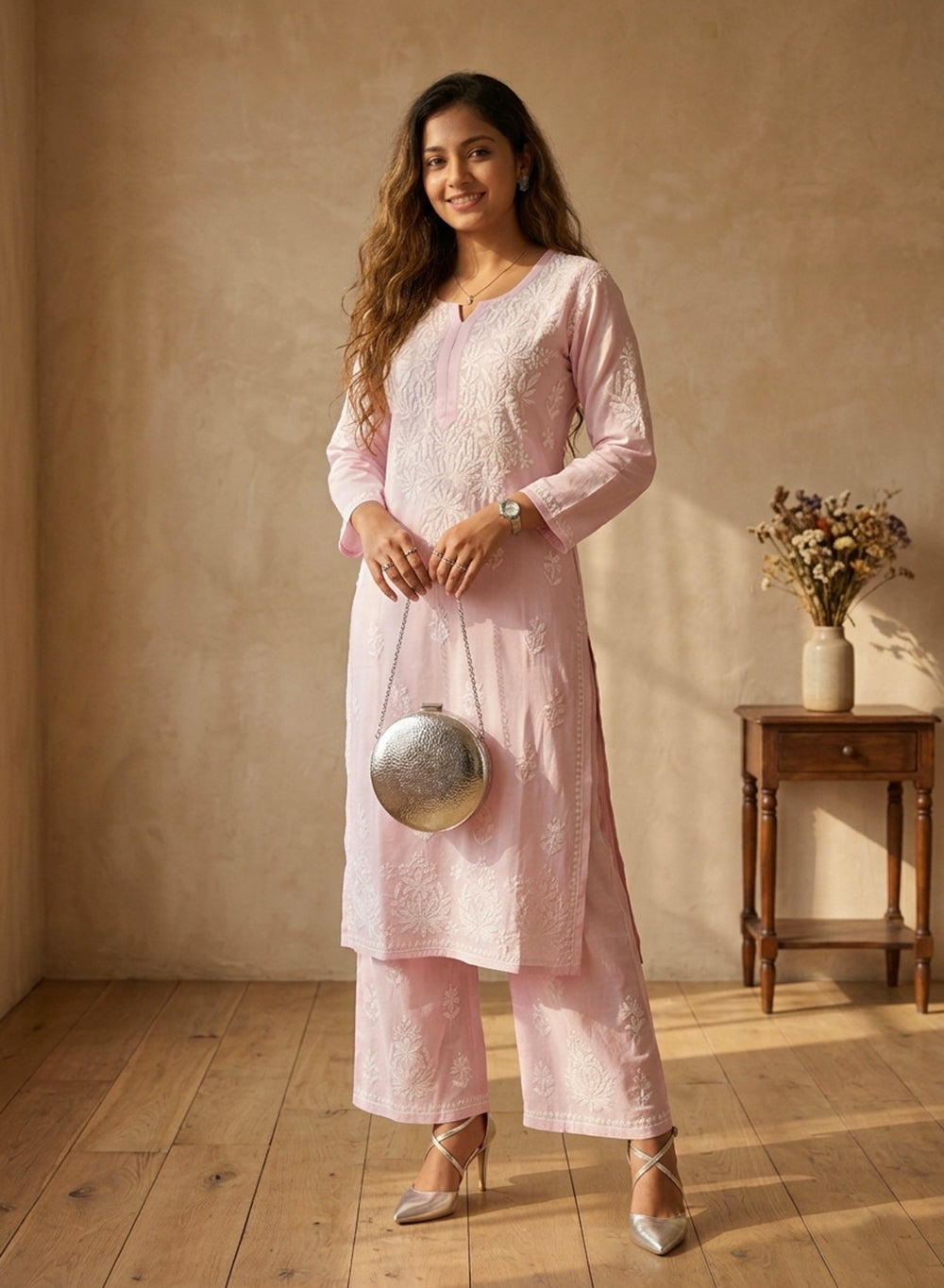 Baby Pink - Modal Nargis Chikankari Co-ords Set With White Thread Embroidery