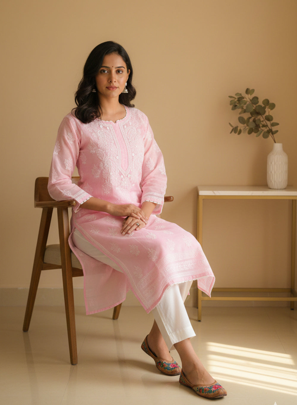 Baby Pink With Crochet Lace - Cotton Terry Voile Bahaar Chikankari Kurta With Slip