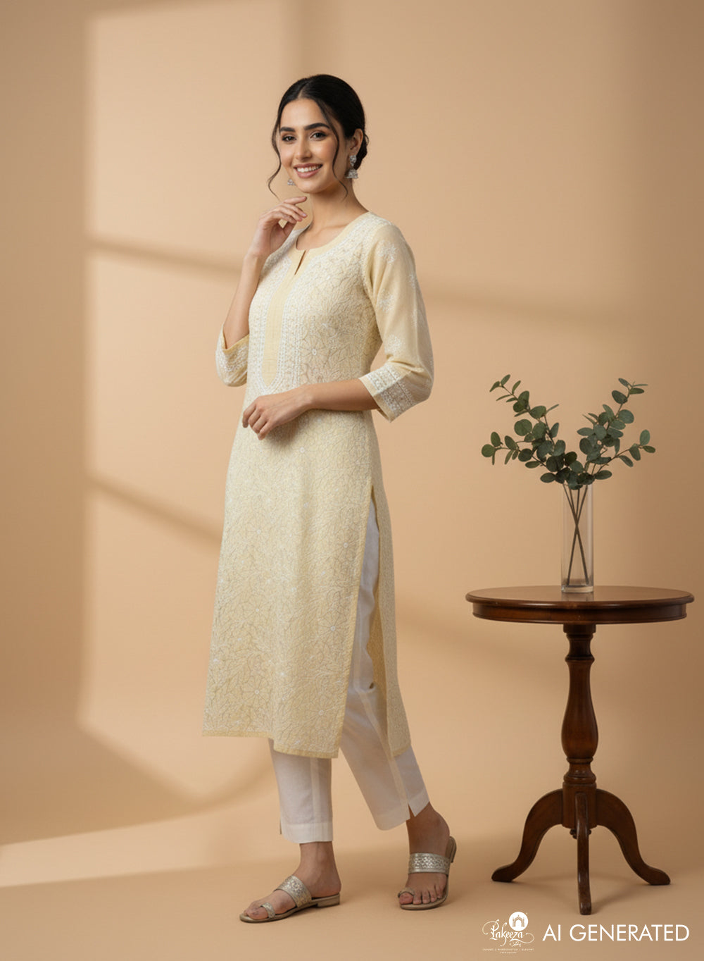 Beige - Bahaar Cotton Terry Voile Chikankari Kurta