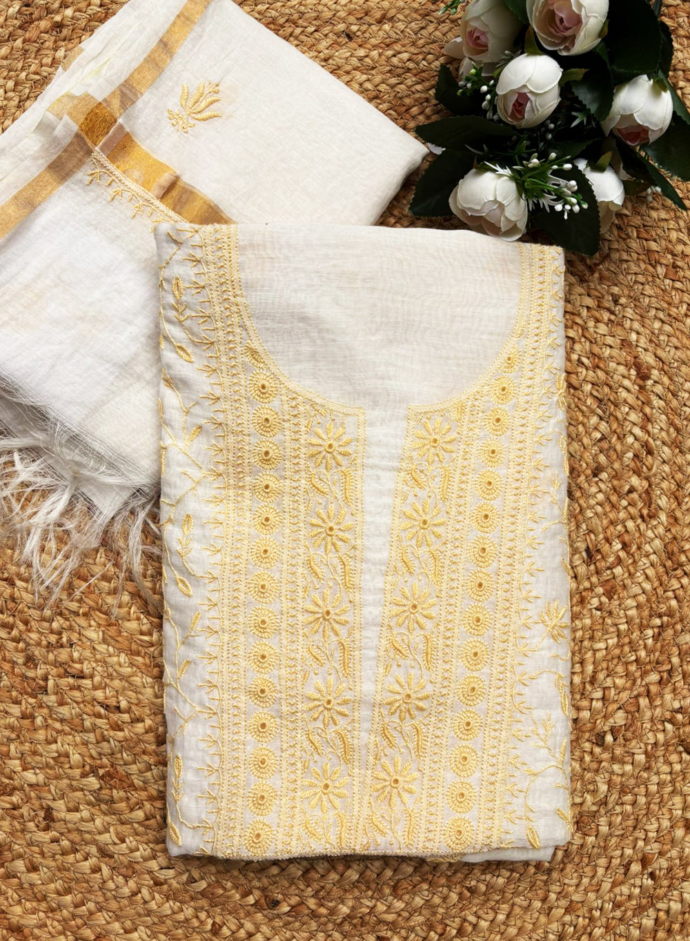 White & Beige - Nayaab Mul Chanderi Chikankari Kurta Fabric