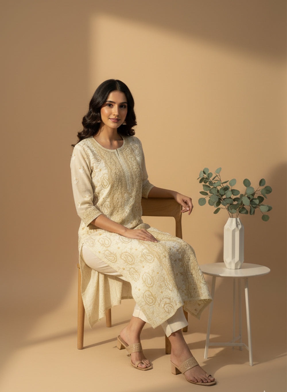 Beige - Bahaar Cotton Terry Voile Chikankari Kurta