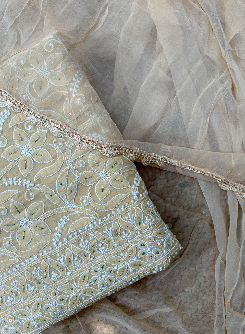 Beige Katdana - Nayaab Cotton Terry Voile Chikankari Full Fabric