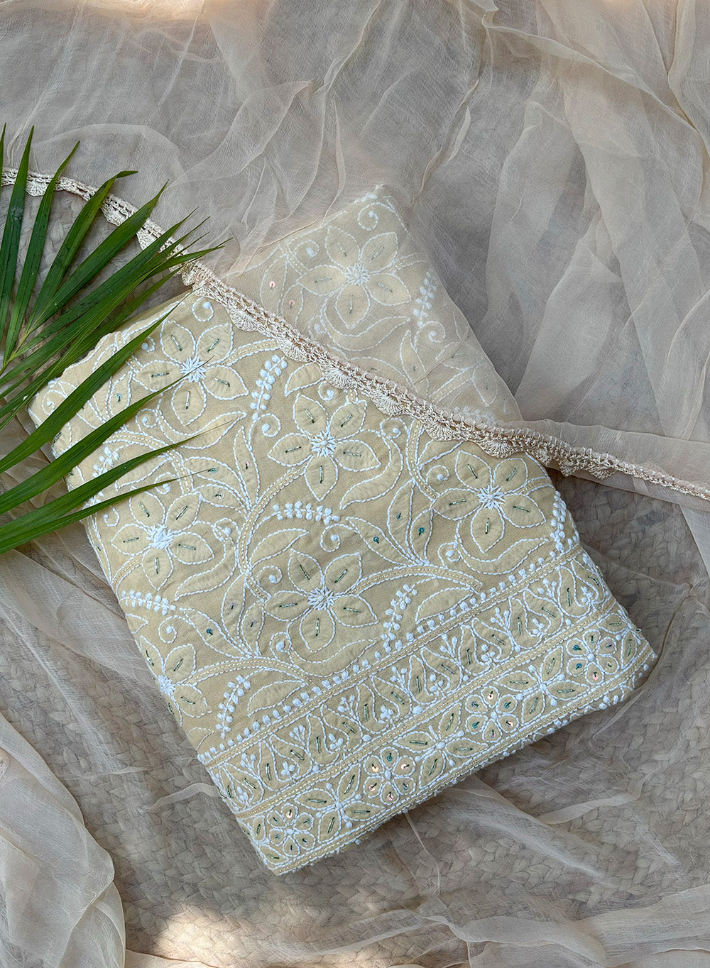 Beige Katdana - Nayaab Cotton Terry Voile Chikankari Full Fabric