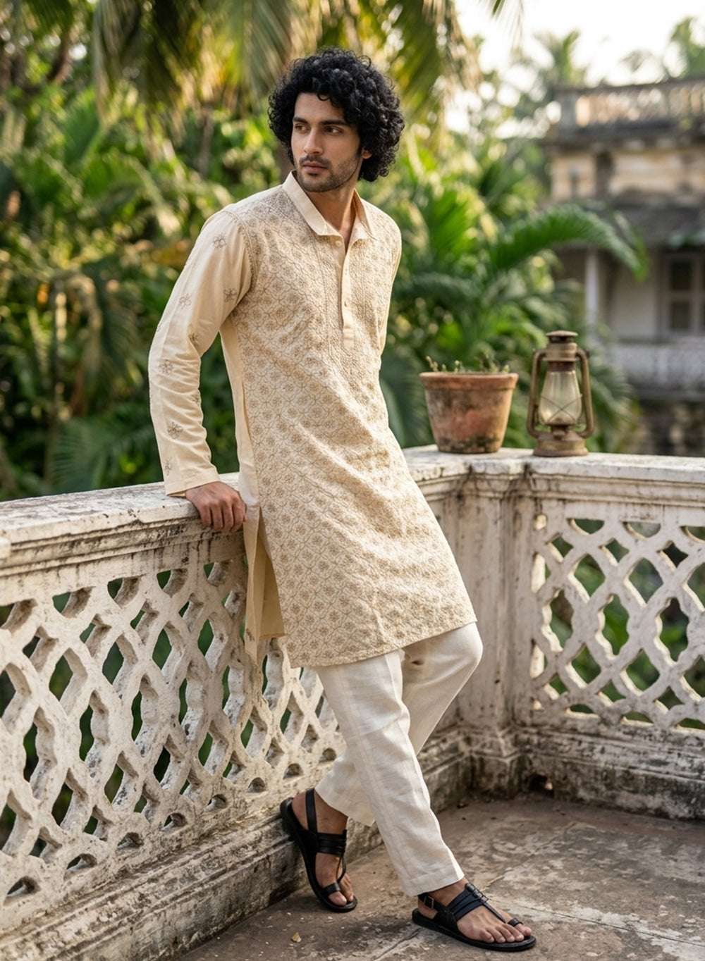 Beige - Nawab Floral Front Jaal Cotton Chikankari Kurta