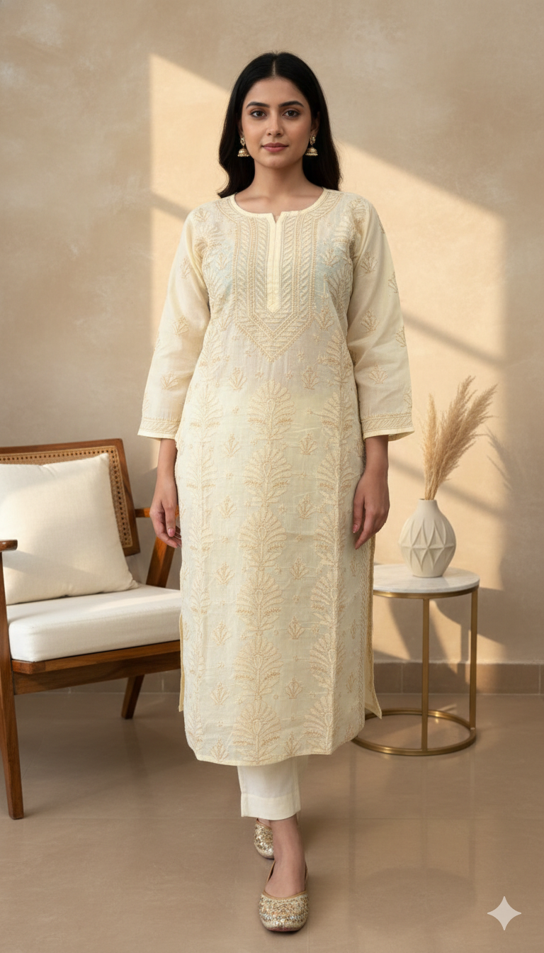 Beige With Self Thread Work - Bahaar Cotton Terry Voile Chikankari Kurta