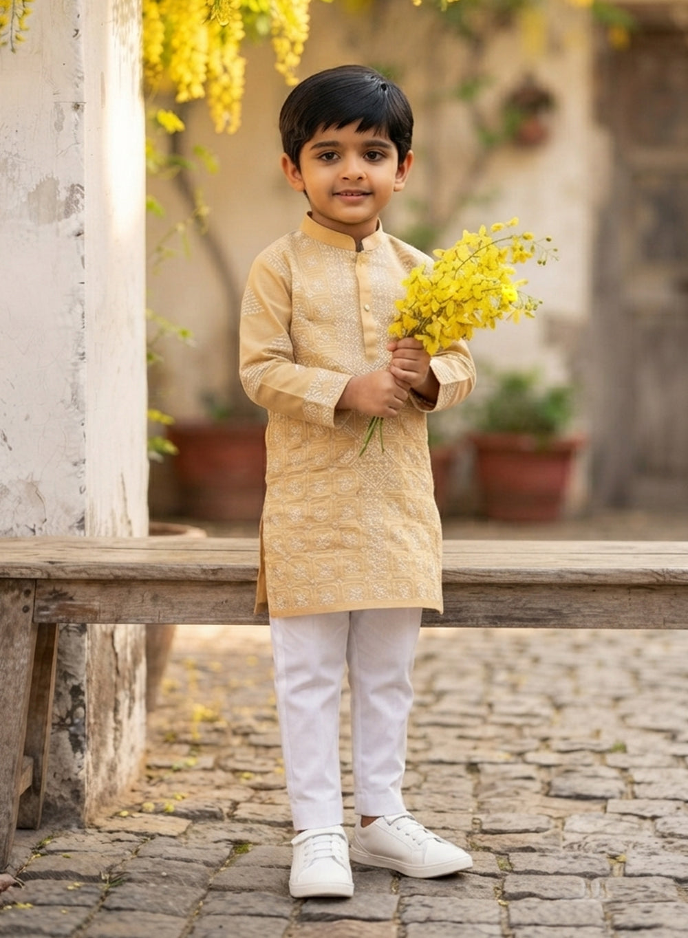 Beige Front Jaal - Cotton Chikankari Kurta