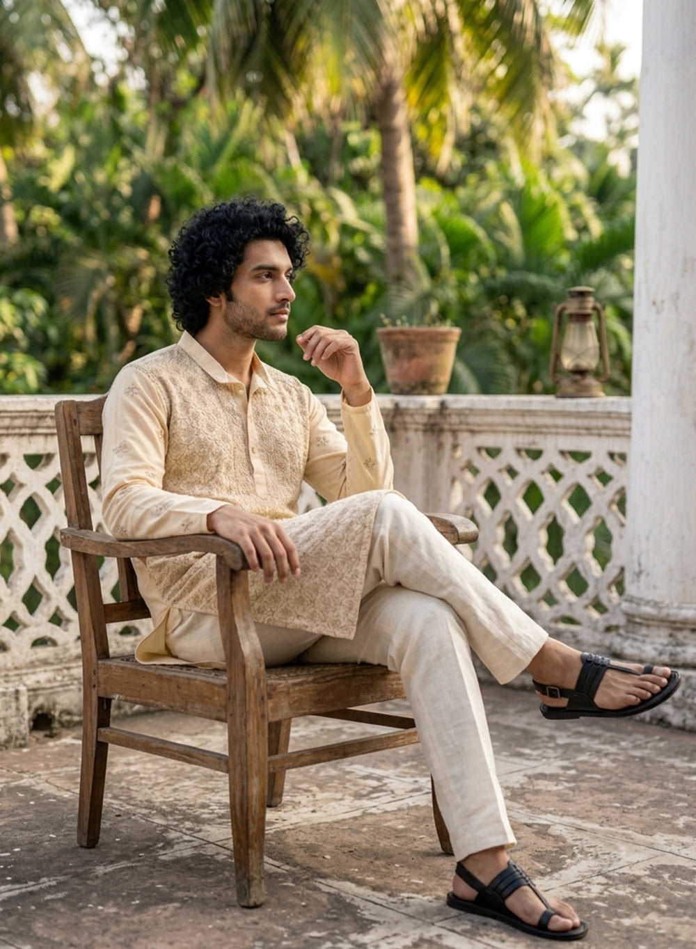 Beige - Nawab Floral Front Jaal Cotton Chikankari Kurta