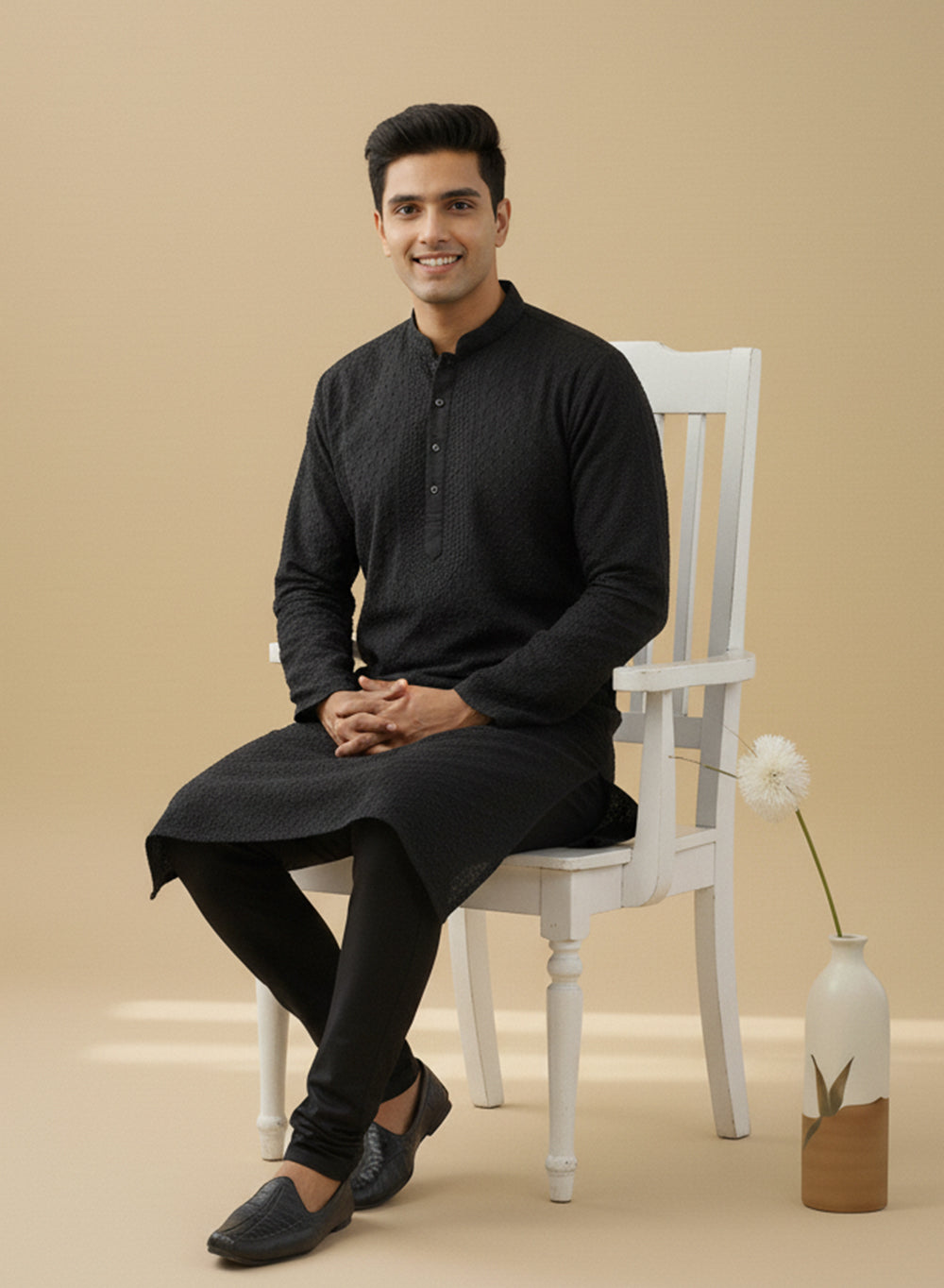 Black - Nawab Cotton Chikankari Men Long Kurta