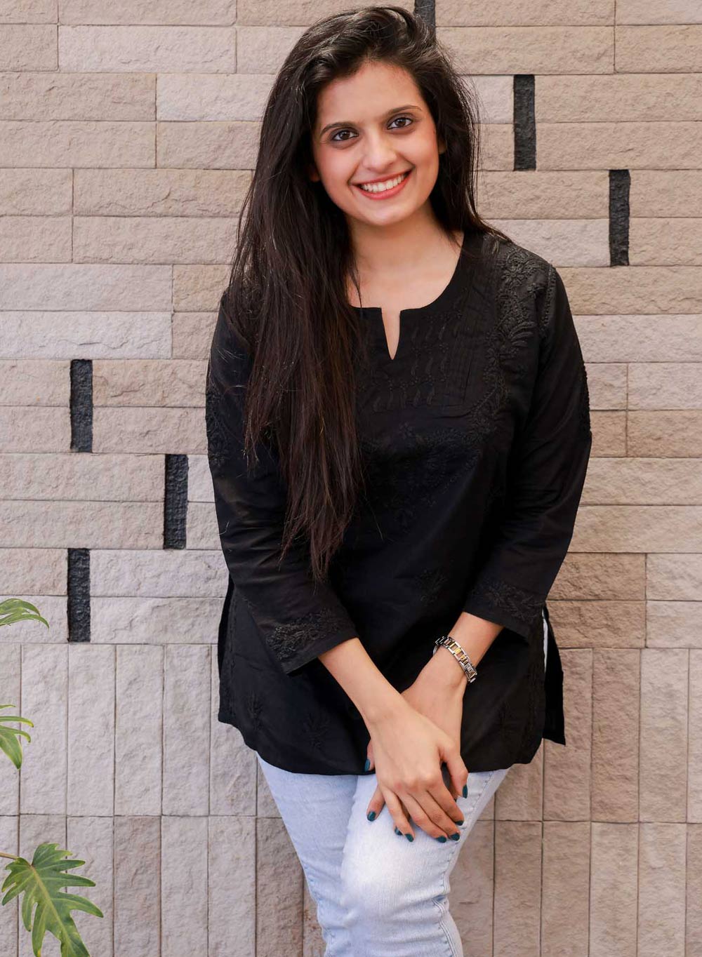 Black Checks - Gulshan Cotton Chikankari Short Top