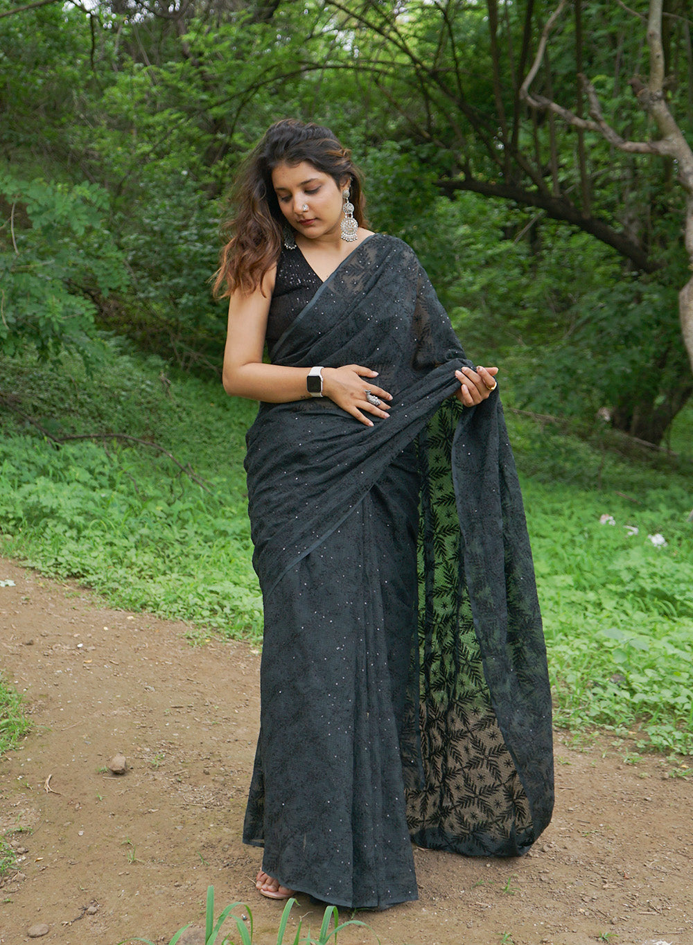 Black Sitara Sequins - Aks Cotton Tepchi Chikankari Saree