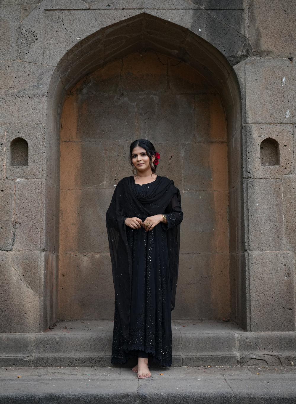Ibadat Black - Viscose Anarkali & Dupatta Nargis Chikankari Set