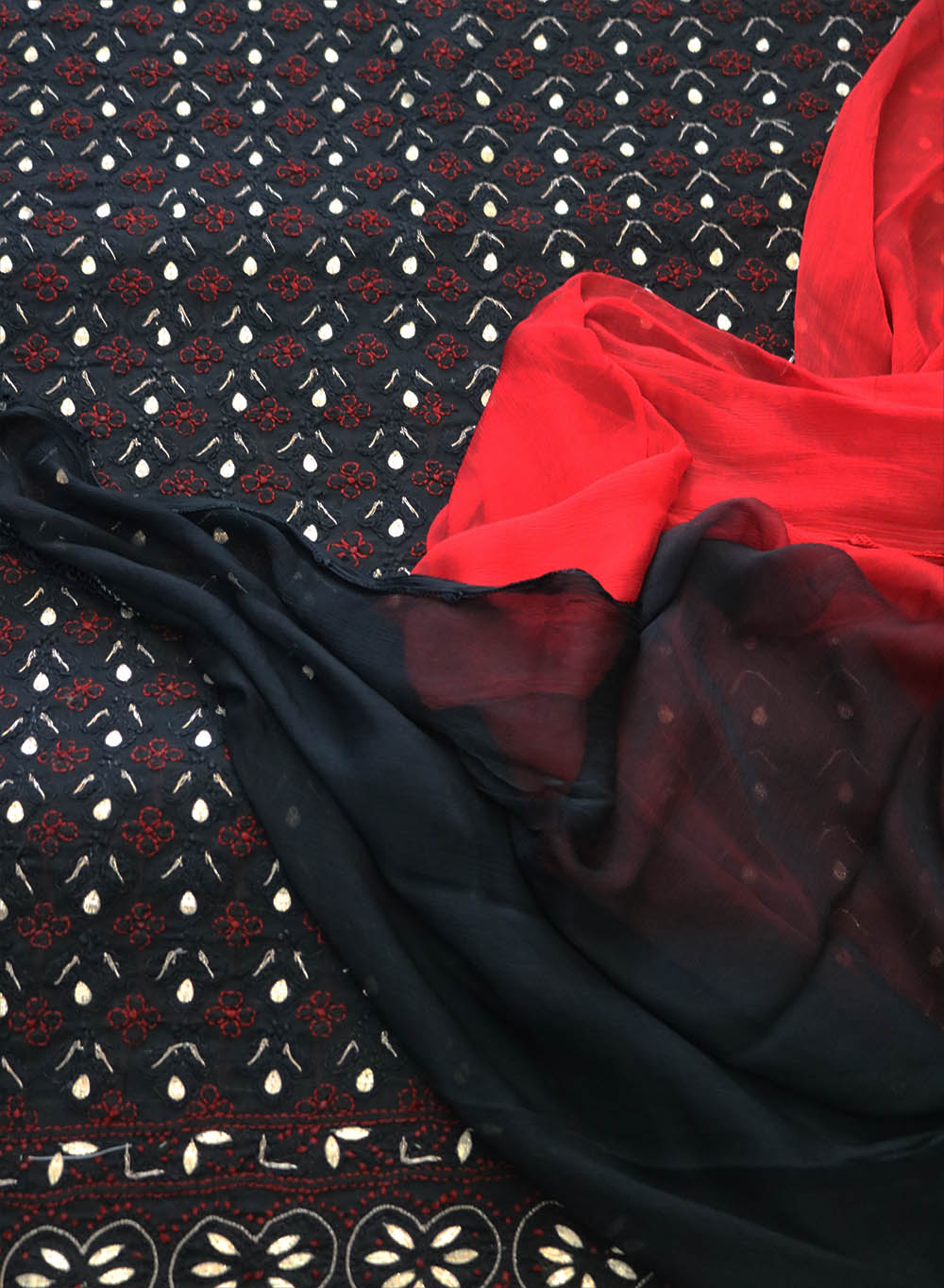 Black & Red Gotta Patti - Nayaab Cotton Terry Voile Chikankari Full Dress Set