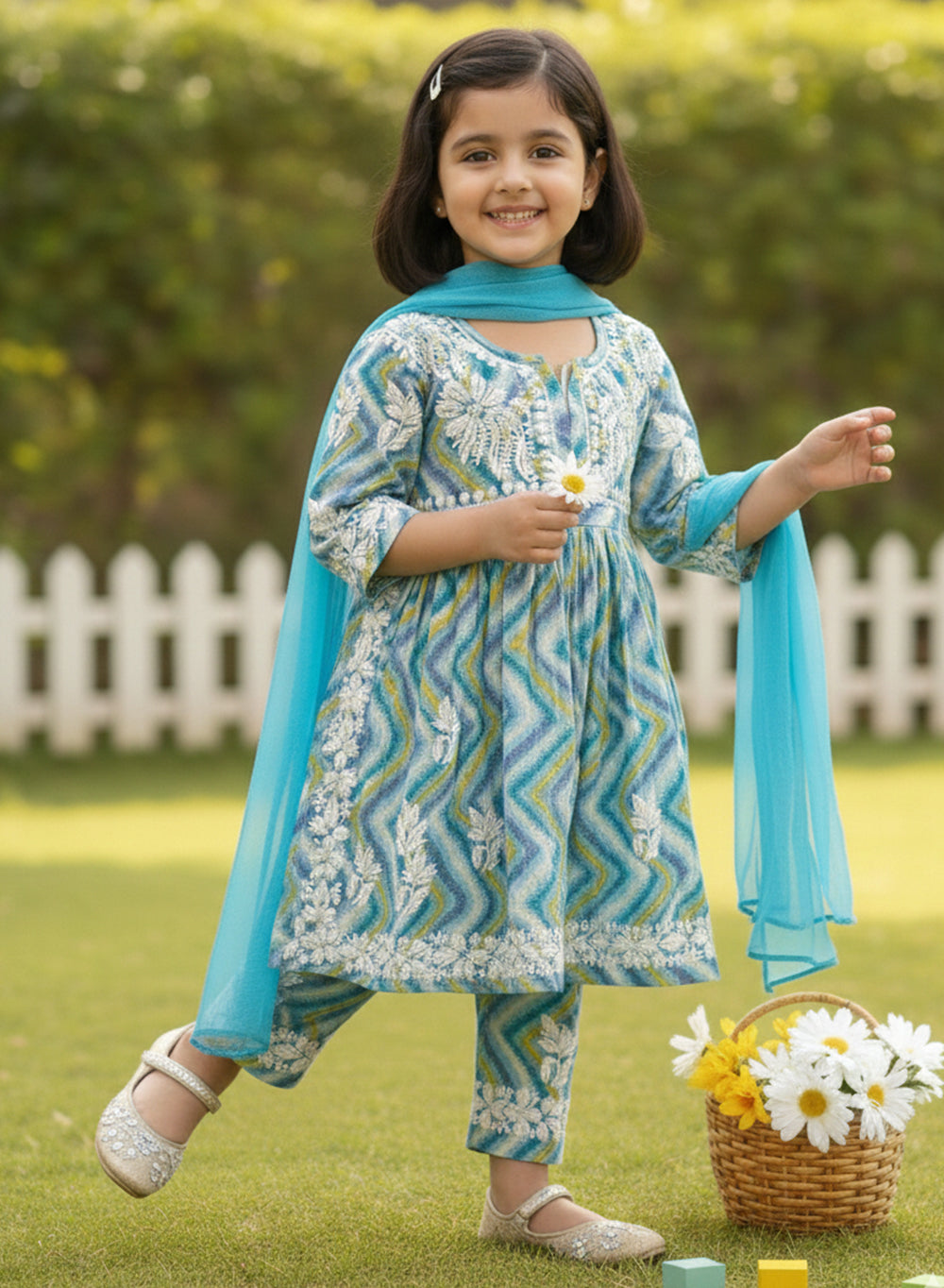 Pankhudi - Sky Blue Mul Cotton Chikankari Nanhe Farishtey Kidswear Set
