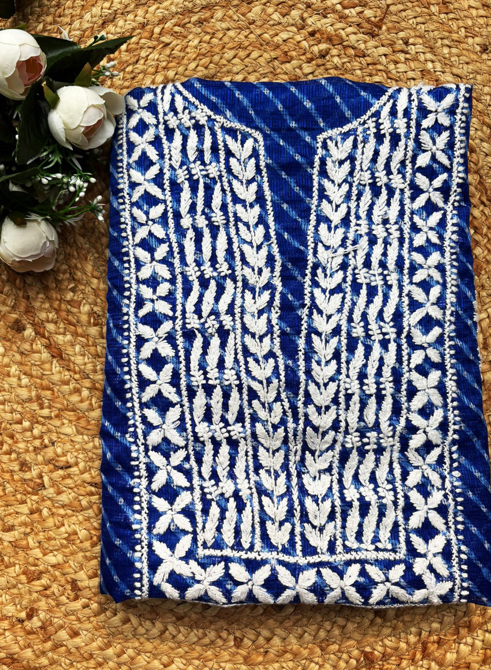 Dark Blue Lehariya - Nayaab Kota Cotton Chikankari Kurta & Dupatta Set