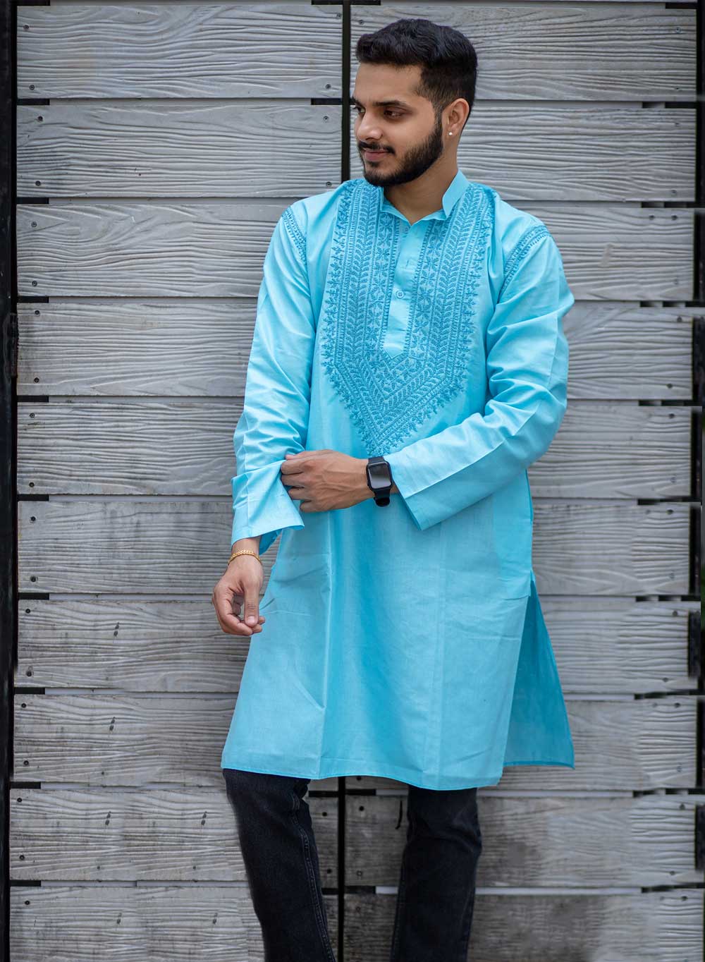 Sky Blue - Nawab Cotton Men Chikankari Long Kurta