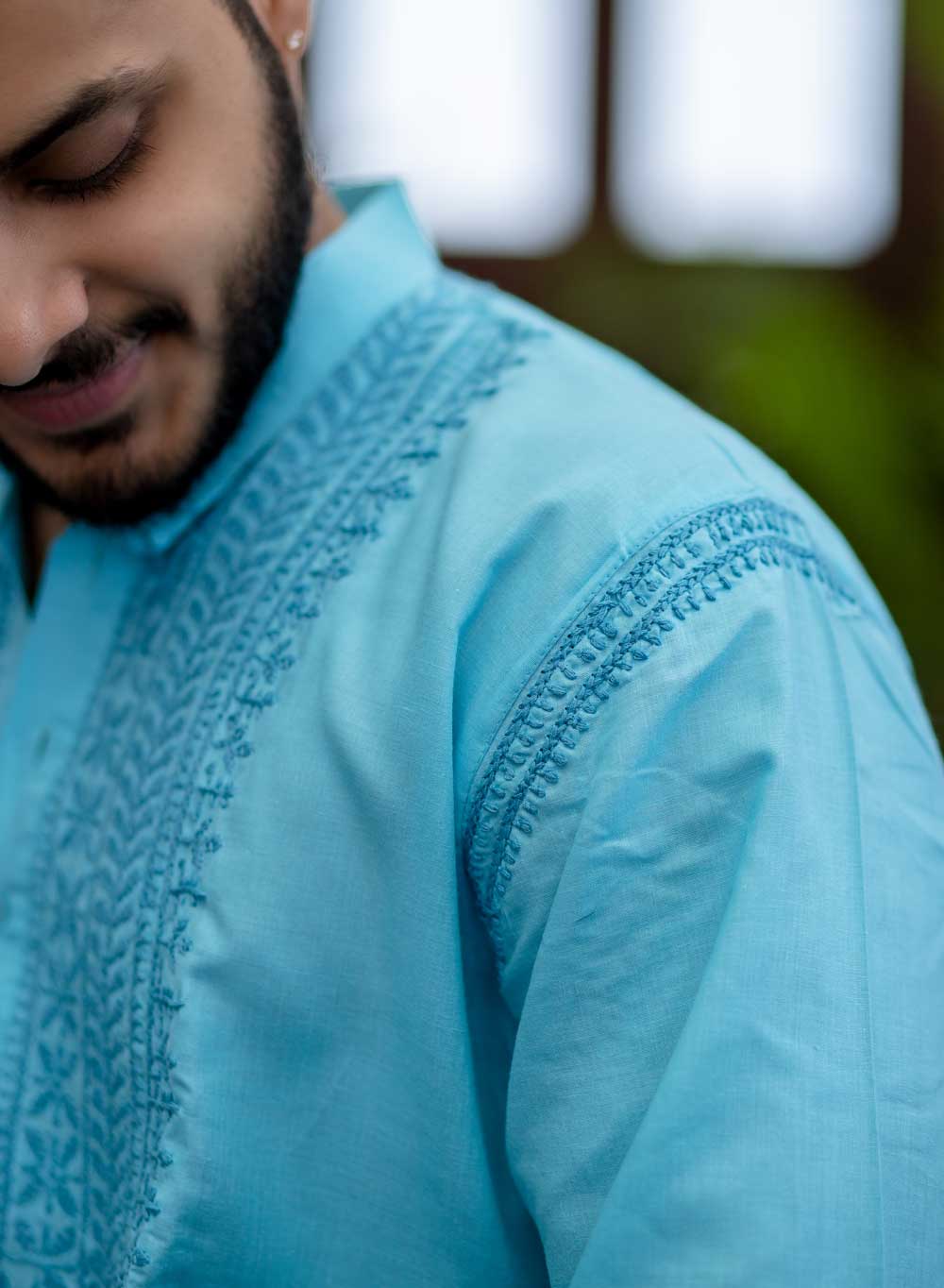 Sky Blue - Nawab Cotton Men Chikankari Long Kurta