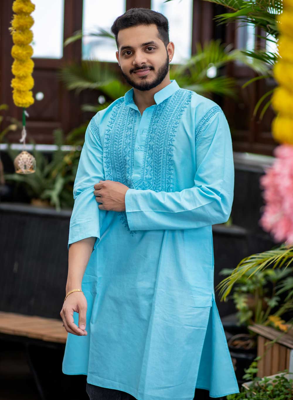 Sky Blue - Nawab Cotton Men Chikankari Long Kurta