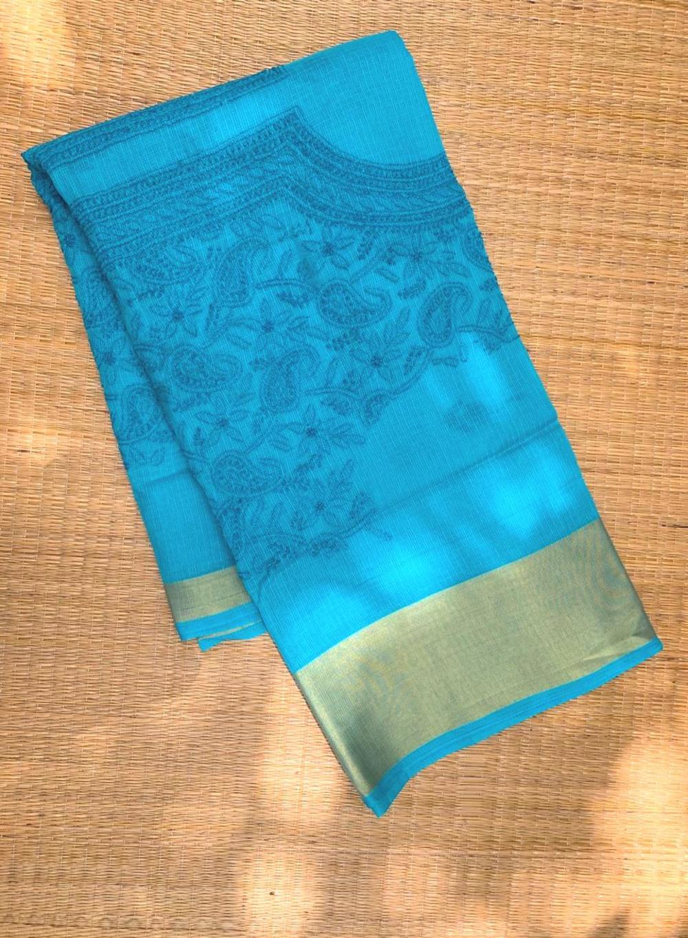 Blue On Blue Zari Border - Dhoop Kinaray Kota Cotton Chikankari Kurta Fabric