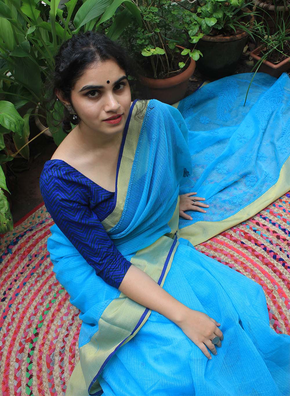 Blue Zari Kota Chanderi - Aks Cotton Chikankari Saree