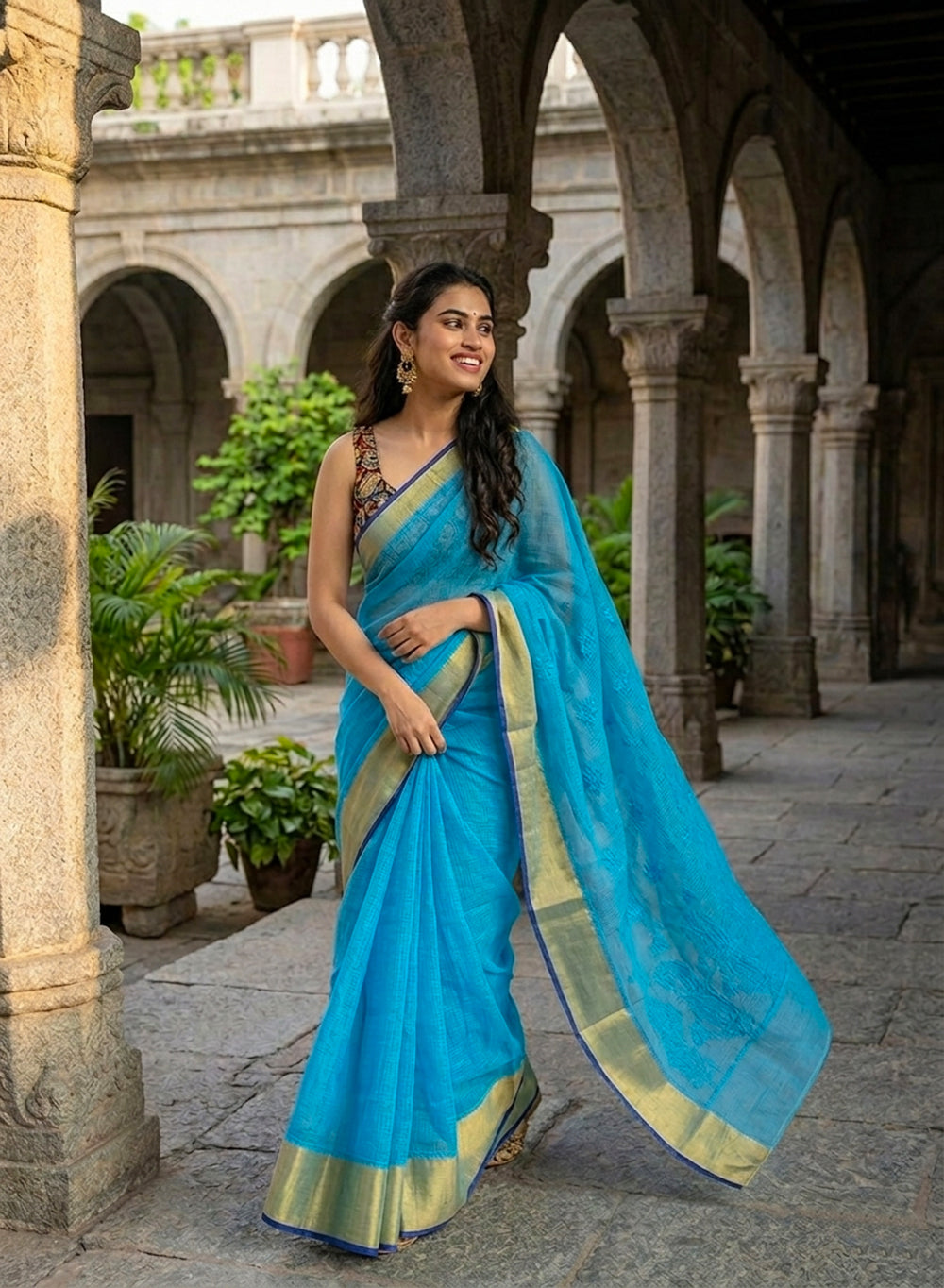 Blue Zari Kota Chanderi - Aks Cotton Chikankari Saree