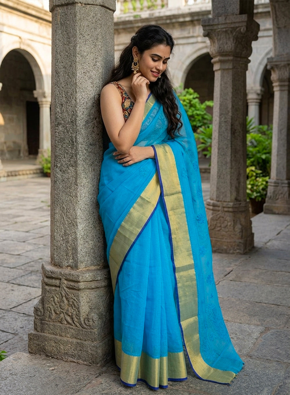 Blue Zari Kota Chanderi - Aks Cotton Chikankari Saree