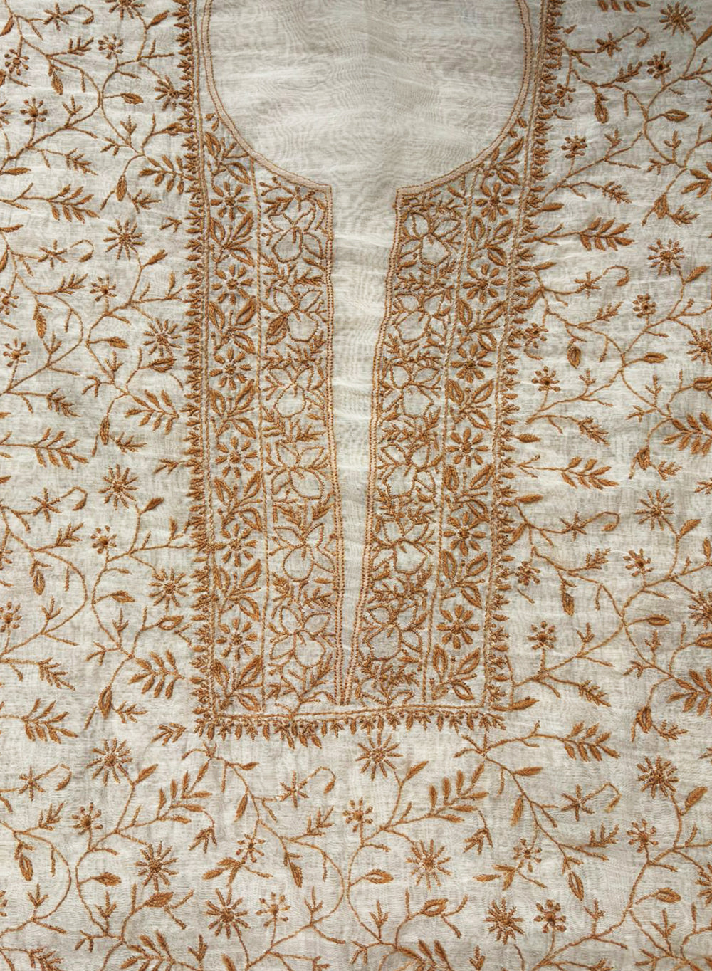 White & Brown - Nayaab Mul Chanderi Chikankari Kurta Fabric