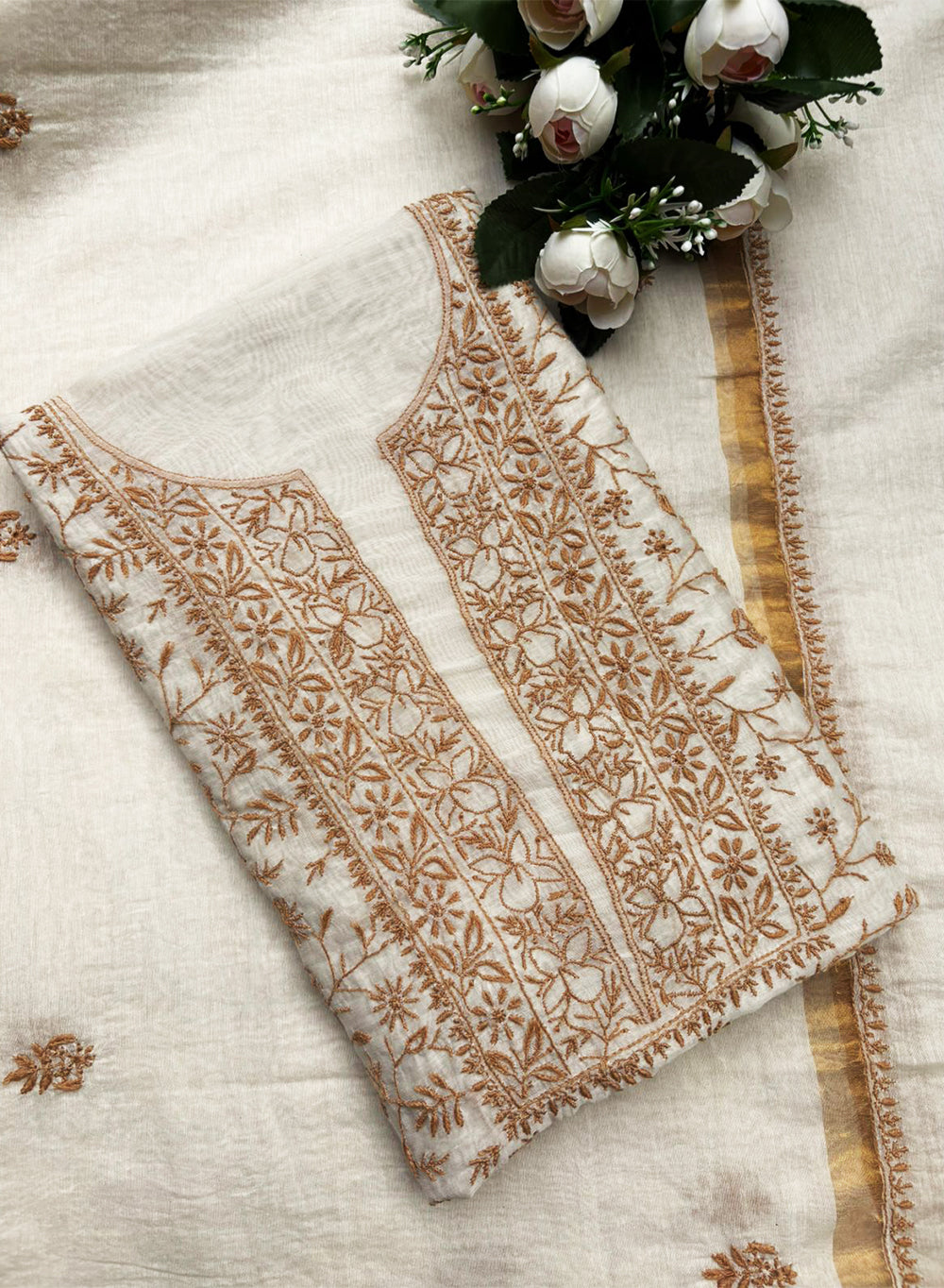 White & Brown - Nayaab Mul Chanderi Chikankari Kurta Fabric