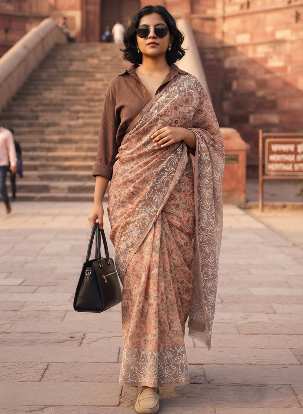 Aparajita Brown - Aks Printed Kota Cotton Chikankari Saree