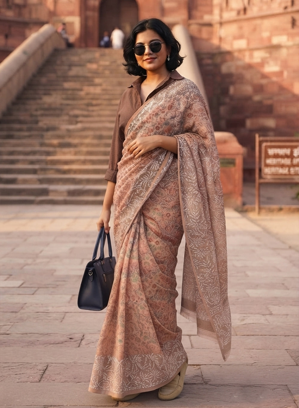 Aparajita Brown - Aks Printed Kota Cotton Chikankari Saree