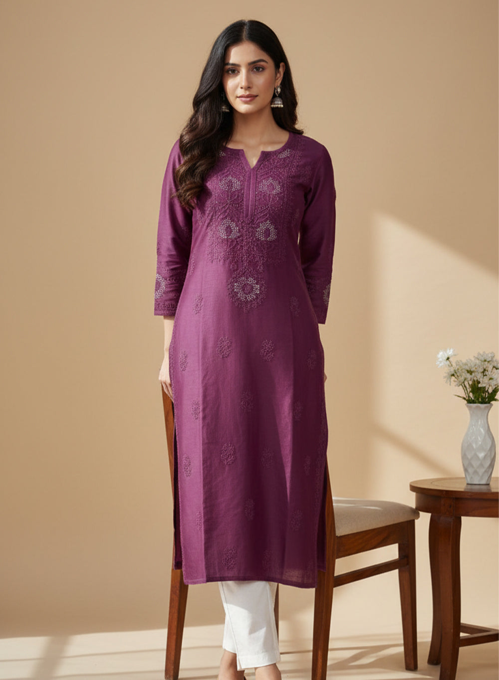 Swara Burgungy - Anjuman Chanderi Cotton Chikankari Kurta