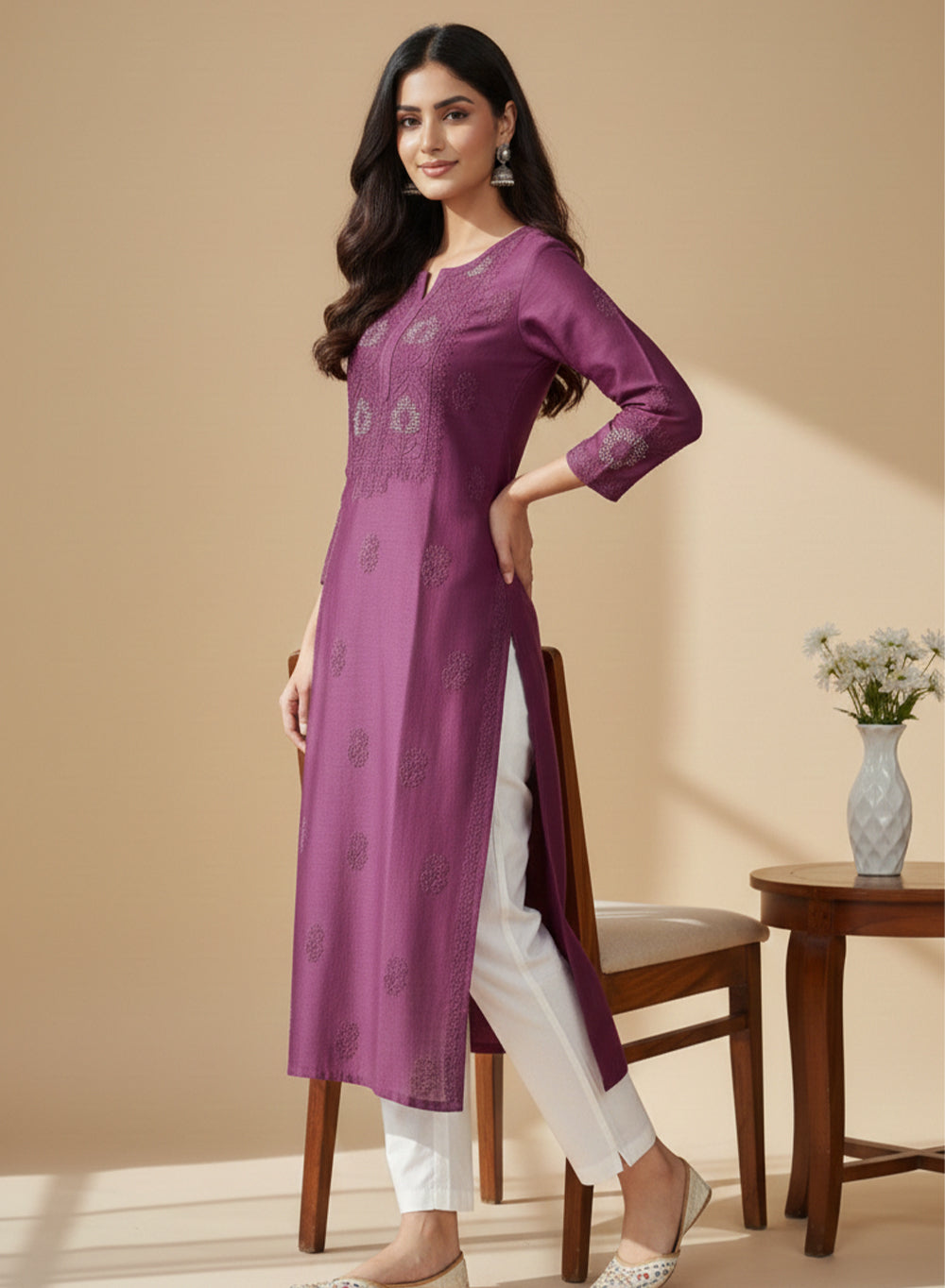 Swara Burgungy - Anjuman Chanderi Cotton Chikankari Kurta