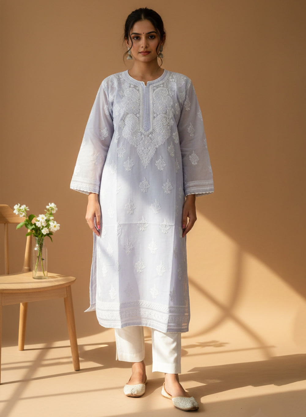 Cosmic Blue With Crochet Lace - Cotton Terry Voile Bahaar Chikankari Kurta With Slip