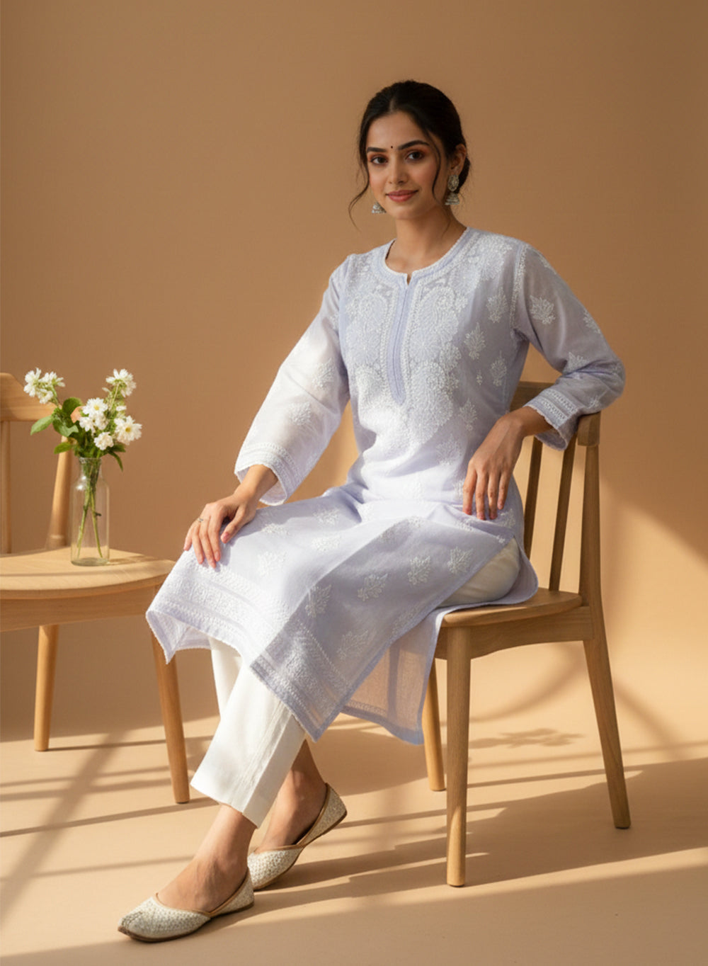 Cosmic Blue With Crochet Lace - Cotton Terry Voile Bahaar Chikankari Kurta With Slip