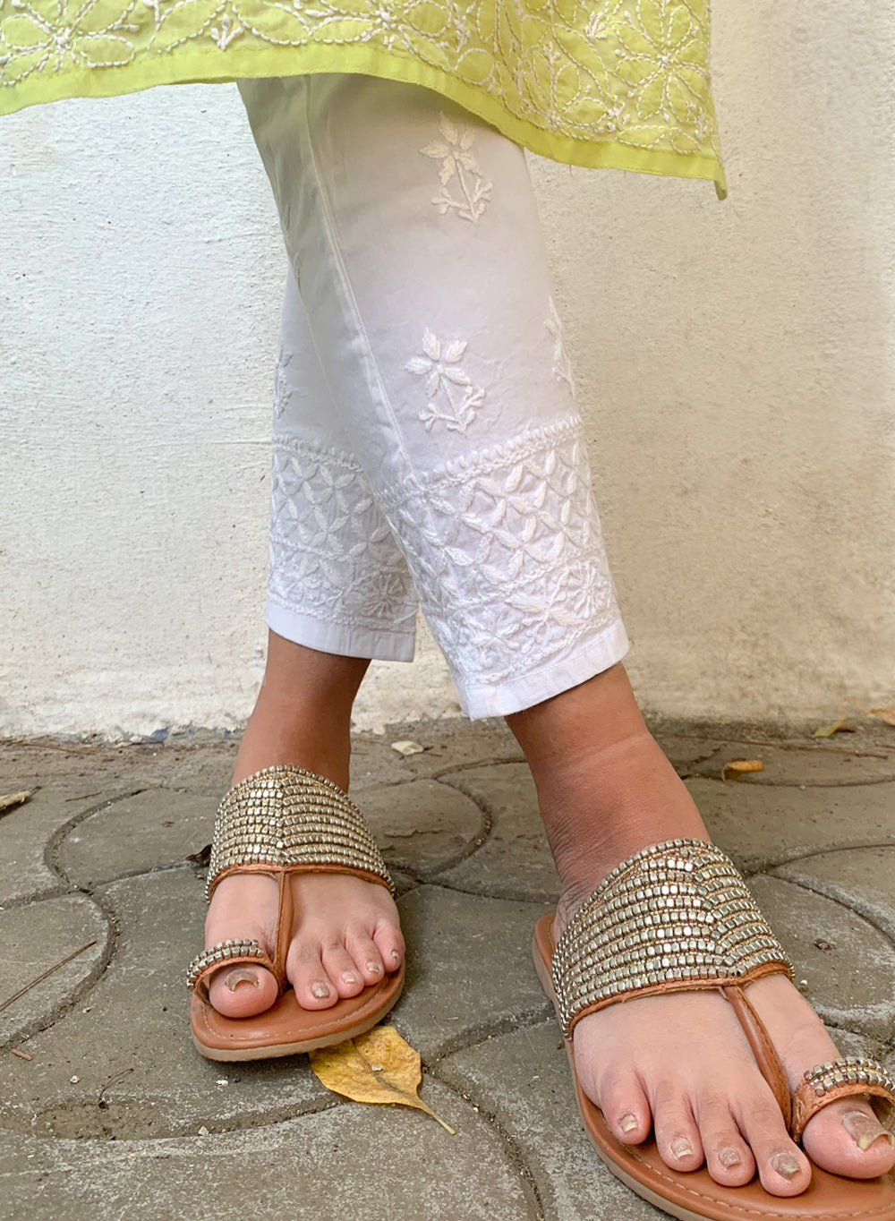 White Lycra Cigarette - Ta'abeer Chikankari Pants