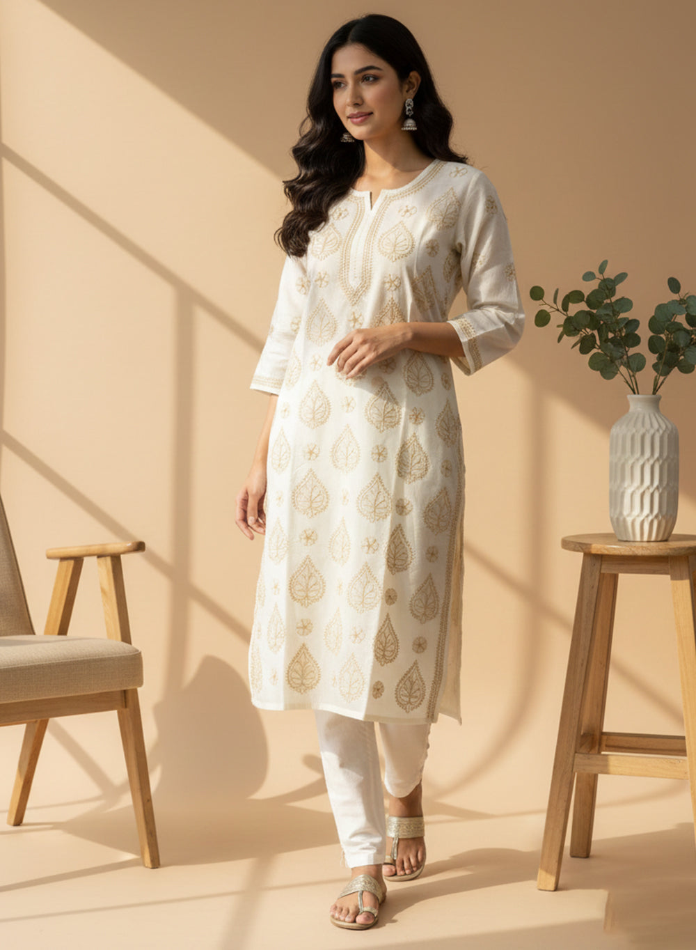 Cream & Beige - Bahaar Cotton Terry Voile Chikankari Kurta