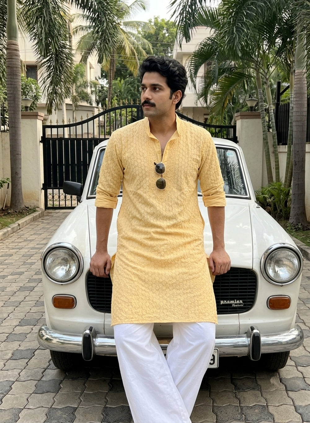Custard Yellow - Nawab Checkered Full Jaal Cotton Chikankari Kurta