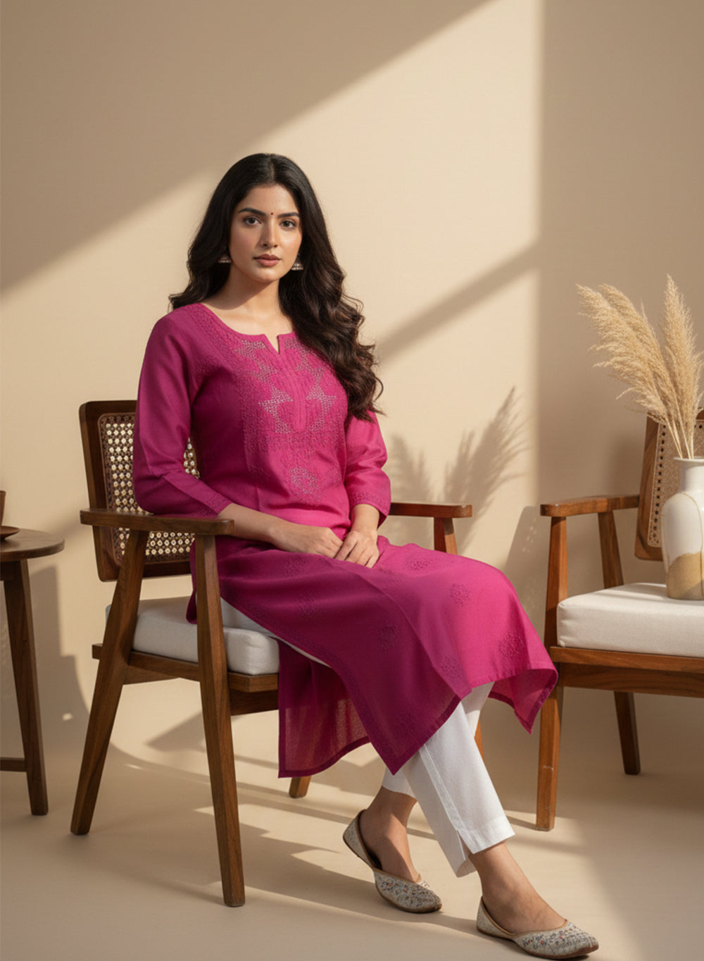 Swara Dark Pink - Anjuman Chanderi Cotton Chikankari Kurta