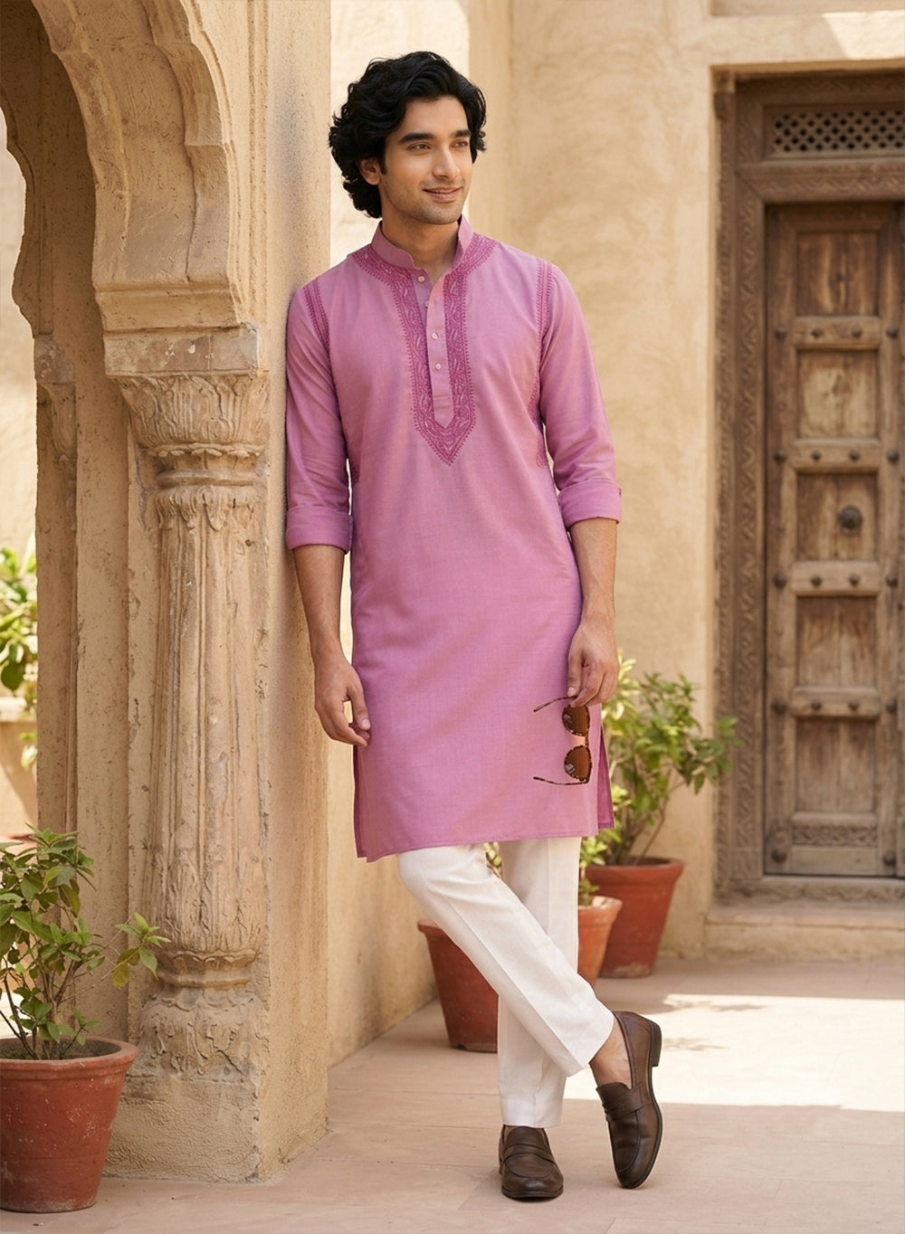 Dark Pink - Nawab Polo Cotton Men Chikankari Long Kurta
