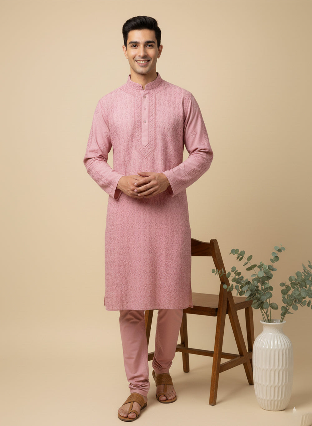 Dusky Pink - Nawab Cotton Chikankari Men Long Kurta