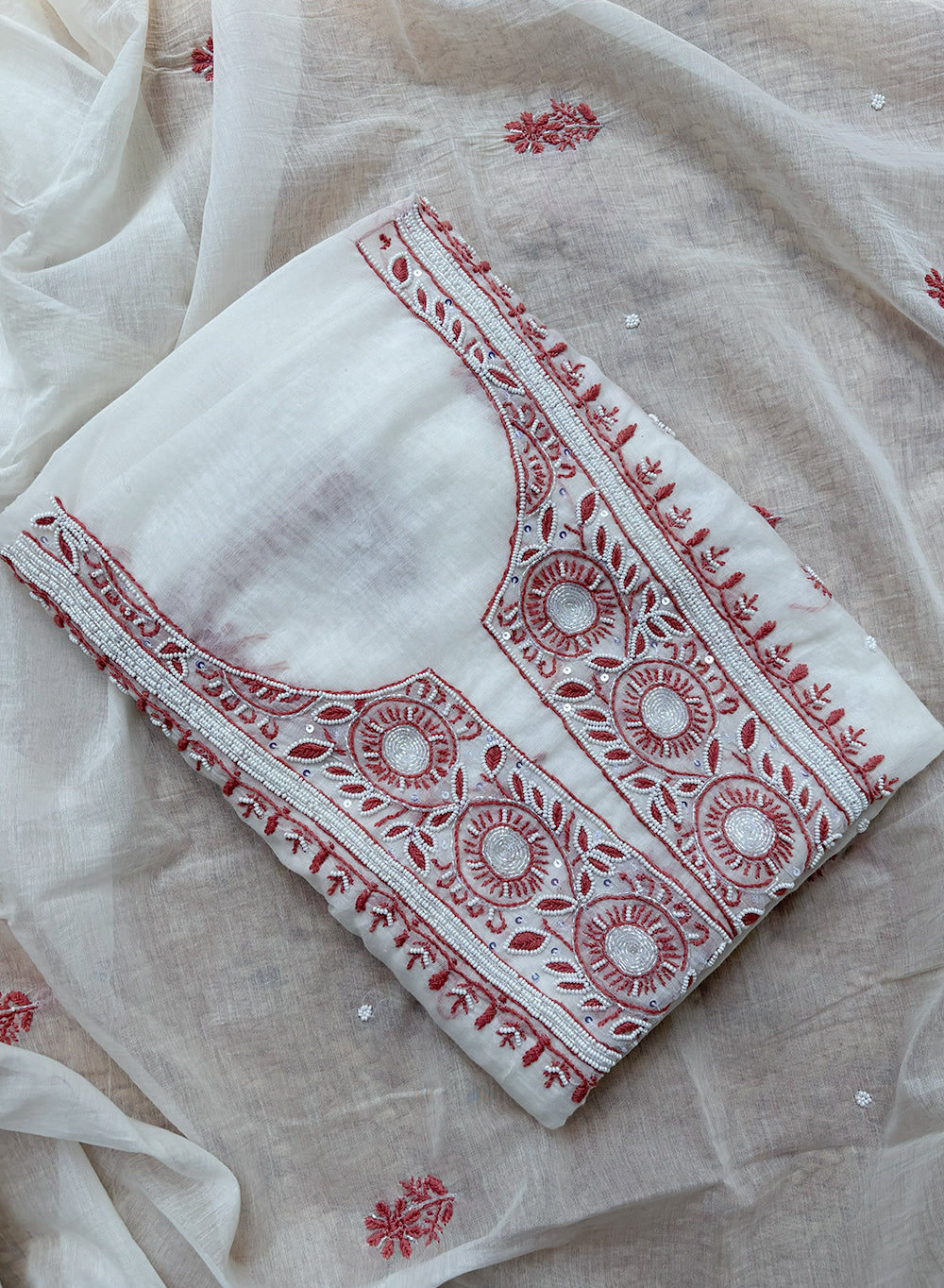 White & Brown - Moti & Katdana Nayaab Mul Chanderi Kurta & Dupatta Set