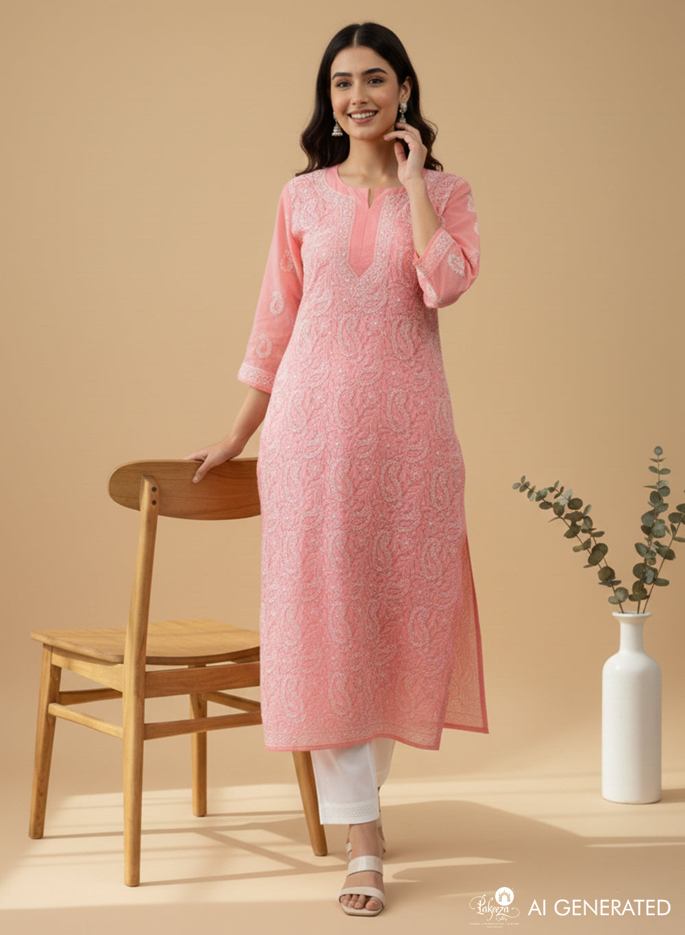 Flamingo Pink - Bahaar Cotton Terry Voile Chikankari Kurta With Mukaish Work