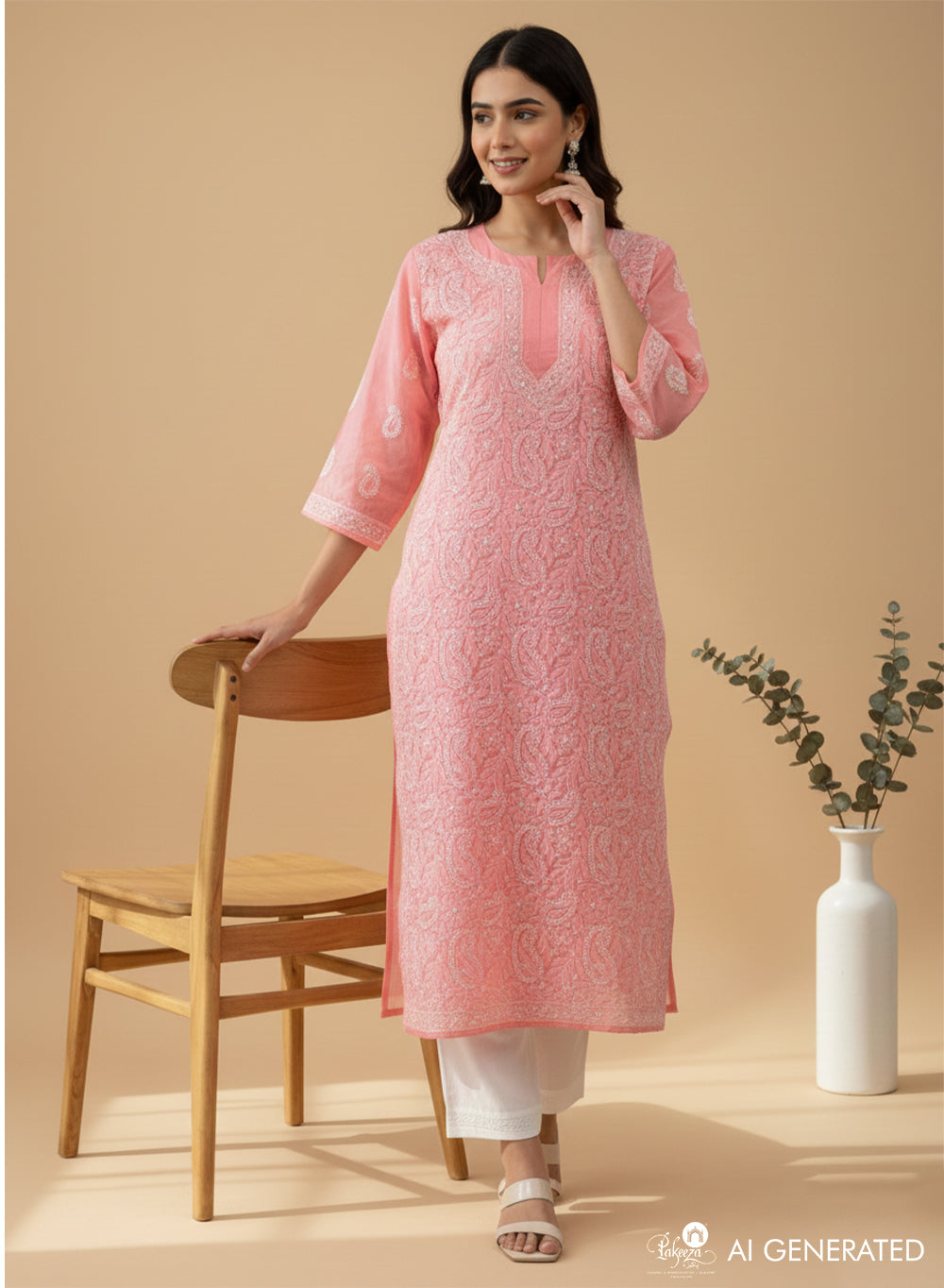 Flamingo Pink - Bahaar Cotton Terry Voile Chikankari Kurta With Mukaish Work