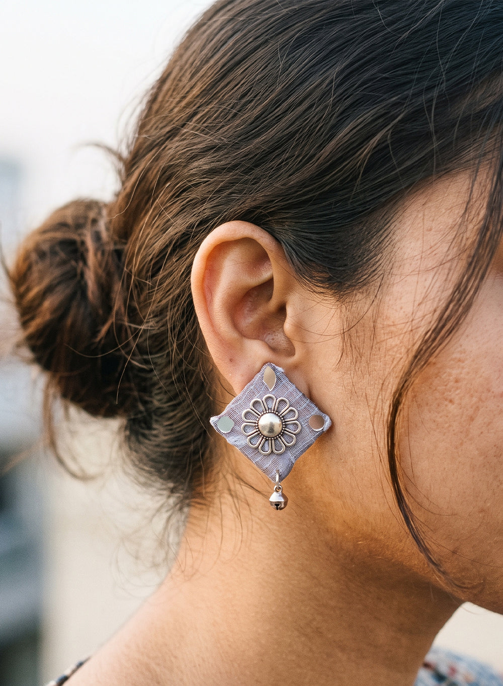 Lavender Handcrafted Diamond Fabric Studs with Oxidized Floral Medallion, Shisha Mirror Accents & Ghungroo Drop