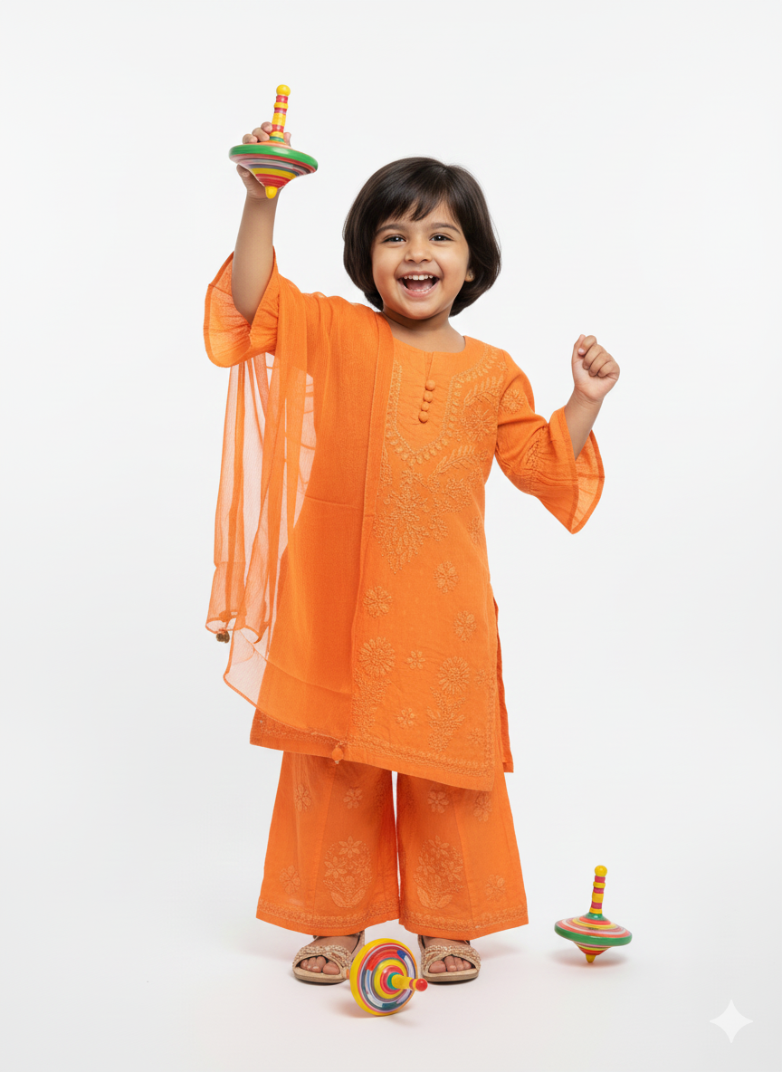 Pihu Orange - Dobby Cotton Chikankari Kidswear Set