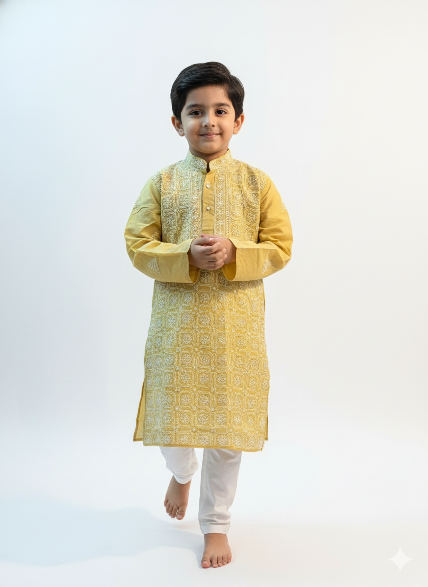 Beige Front Jaal - Cotton Chikankari Kurta