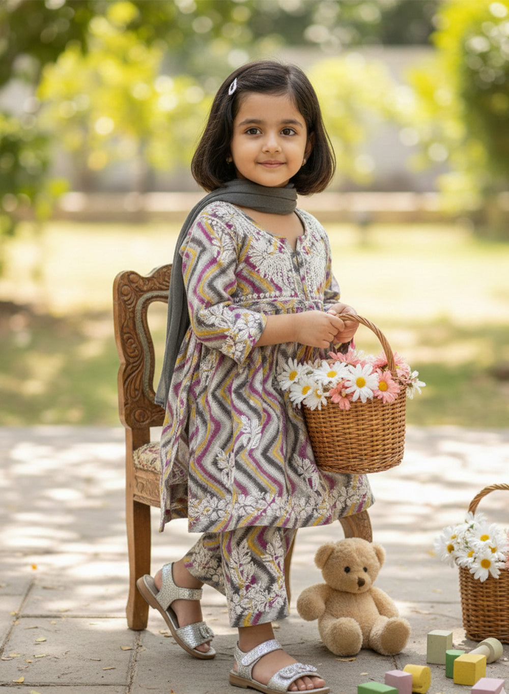 Pankhudi - Gray Mul Cotton Chikankari Nanhe Farishtey Kidswear Set