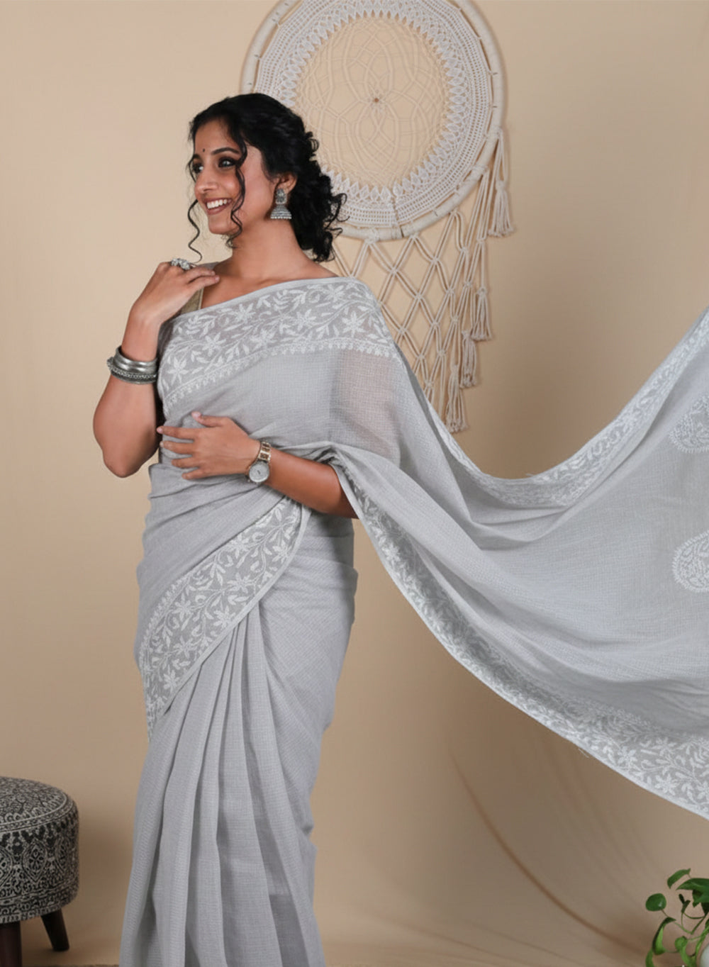 Aparajita Grey - Aks Kota Cotton Chikankari Saree