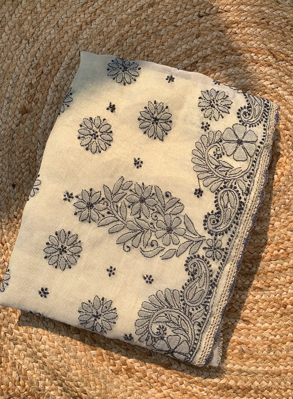 Gray Chanderi Kota - Aks Cotton Chikankari Saree