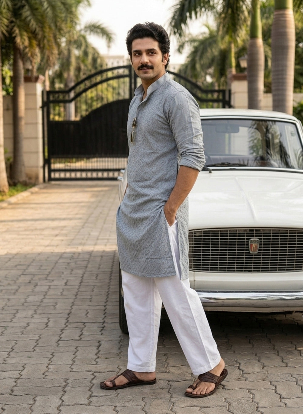 Gray - Nawab Checkered Front Jaal Cotton Chikankari Kurta