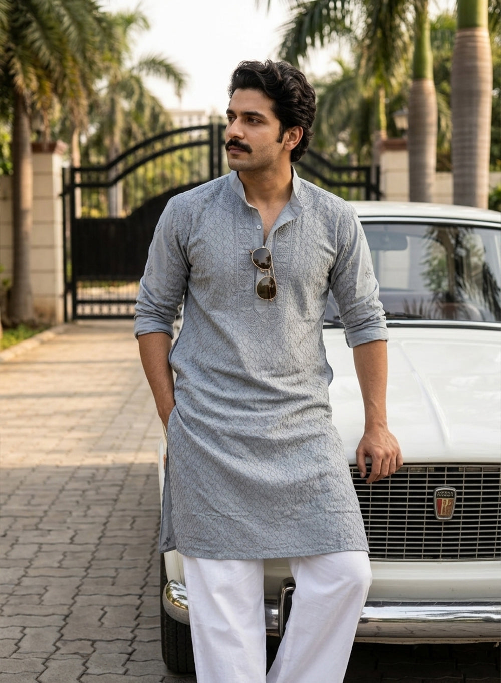 Gray - Nawab Checkered Front Jaal Cotton Chikankari Kurta